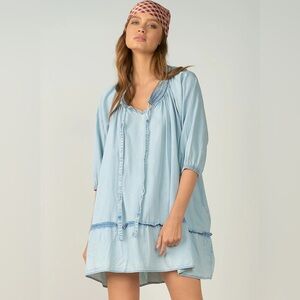 Elan 3/4 Sleeve Ruffle Bottom Dress - Blue Wash Denim